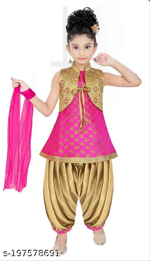 Pink cotton blend party/festive printed patiala suit for girls by RK Collection, embroidered anarkali design with dupatta. Indian ethnic kids wear