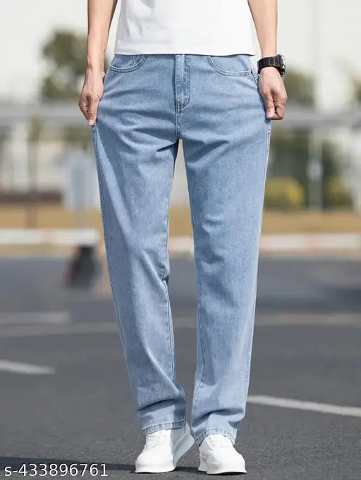 Light blue cotton men's comfortable baggy fit jeans, ideal for casual wear