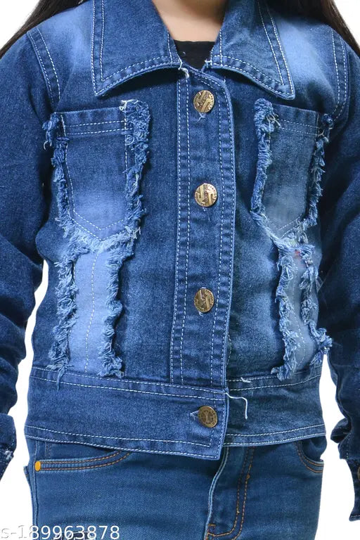 Blue denim stretchable girl's coat with button closure
