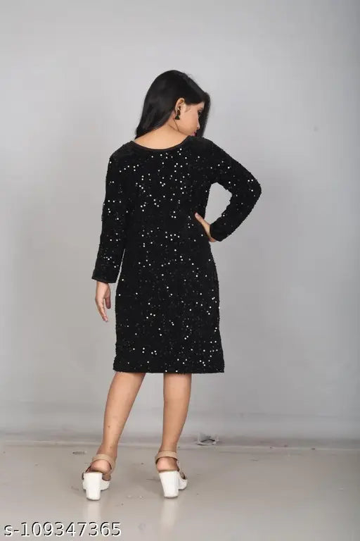 Black flax frock dress for girls, embroidered net fabric with long sleeves from Wazix Clothing