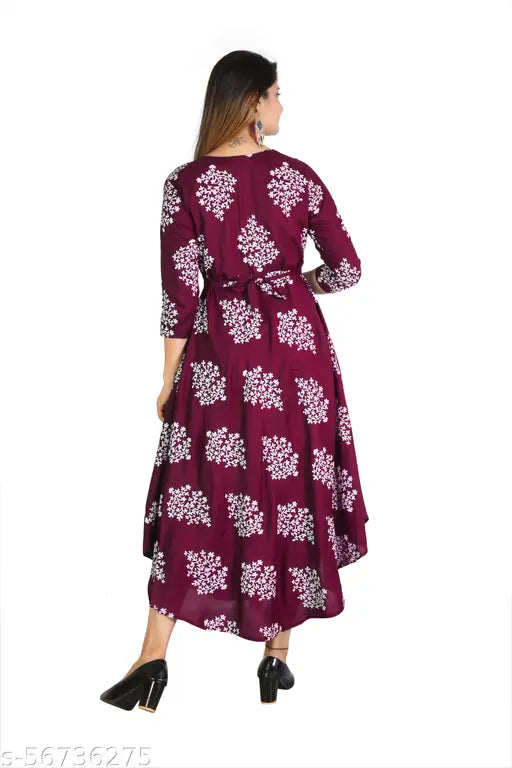 Maroon printed long dress, full skirt, long sleeves