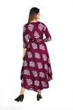 Maroon printed long dress, full skirt, long sleeves