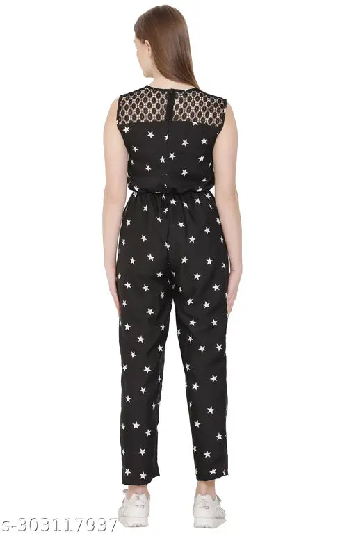 Stylish crepe sleeveless printed net jumpsuit, trending fashion for women in various sizes S-XL