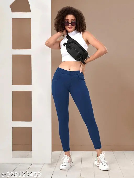 Blue mid-rise Flexi Denimz women's pants, cotton-rich knitted fabric, versatile for various occasions