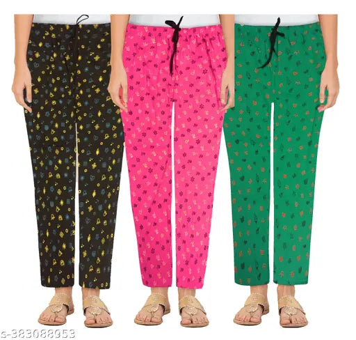 Women's pyjamas pack of 3, colorful, patterned pants with drawstring ties