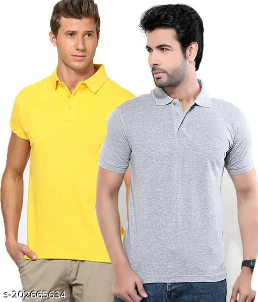 Grey yellow cotton blend polo neck t-shirt for men, solid pattern on short sleeves