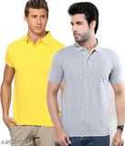 Grey yellow cotton blend polo neck t-shirt for men, solid pattern on short sleeves