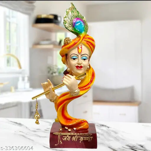 Resin Krishna Kishan Murti statue sculpture (13.5"), traditional Indian religious art piece on pedestal
