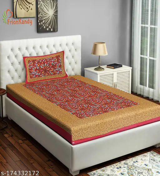 Floral print cotton single bed sheet, fitted with one pillow cover, Indian-made home decor item