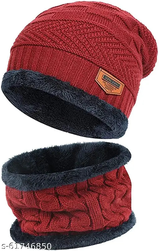 Red knitted unisex beanie cap with neck warmer and muffler scarf - soft, machine-knitted, anti-allergic wool from India