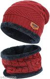 Red knitted unisex beanie cap with neck warmer and muffler scarf - soft, machine-knitted, anti-allergic wool from India