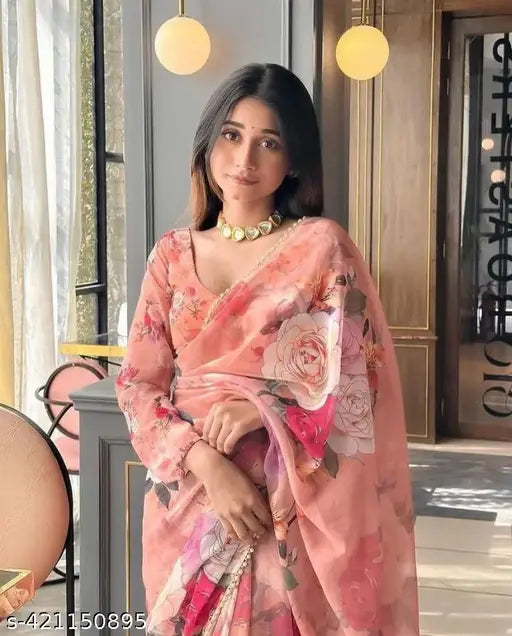 Soft light weight Georgette saree with printed border and running blouse, Abhisarika Ensemble in solid color combination