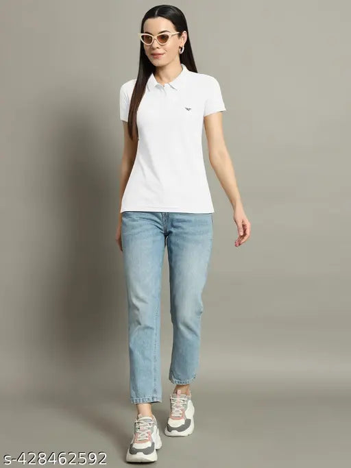 Women Solid Half Sleeves Polo Neck T-shirt