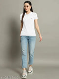 Women Solid Half Sleeves Polo Neck T-shirt
