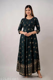 Dark green rayon anarkali kurti with gold print design, long sleeves, front closure