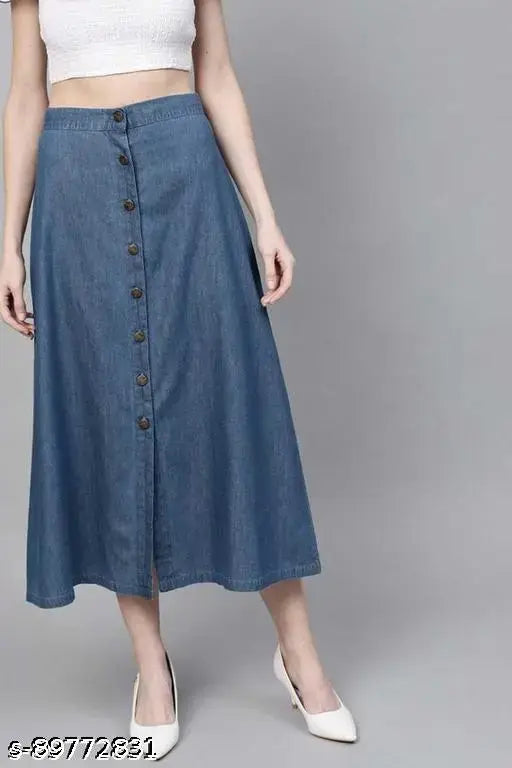 Blue denim skirt with button closure and wide hem