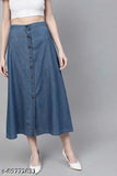 Blue denim skirt with button closure and wide hem