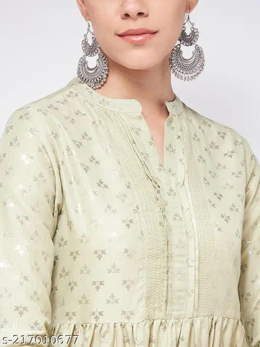 Pista green, polyester printed kurta with three-quarter sleeves, Indian ethnic wear for women in Jhalak's silver print collection