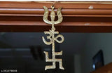 Gold brass Metal Om Trishul Swastik Trishakti Yantra Wall Hanging, decorative home office art (6 inch)