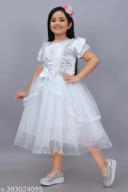 White net frock for kids, embellished & embellished with intricate patterns, 4-9 years