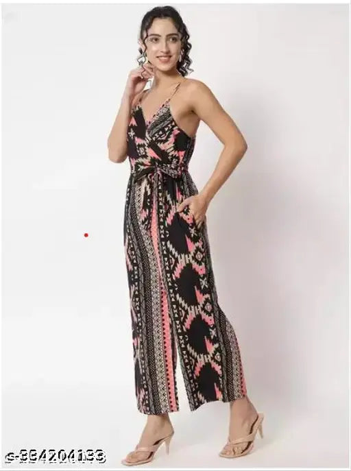 Printed crepe sleeveless jumpsuit, western wear for women, featuring intricate prints and Indian origin