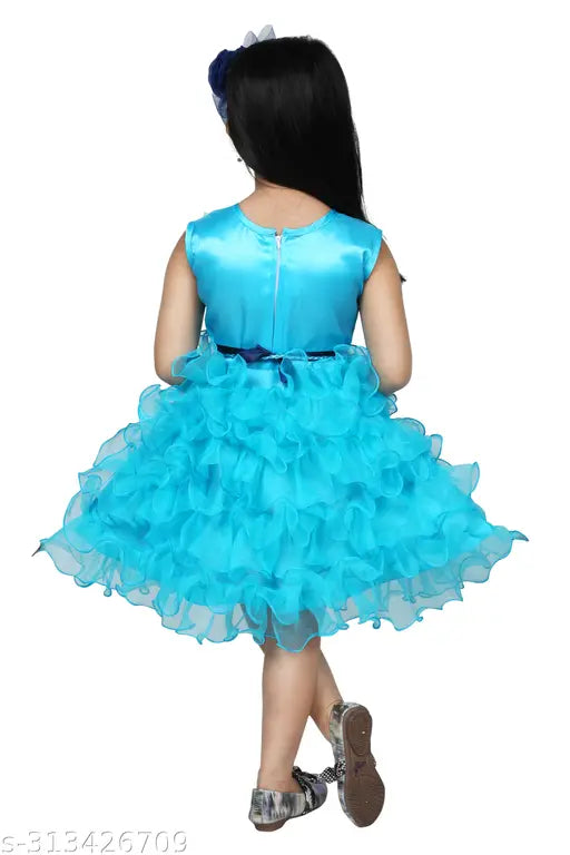 A blue net embroidered sleeveless single fit and flare dress, girls' fashion