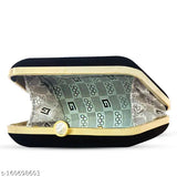 Black lace clutch with metal accents and zip closure, designed for evening wear
