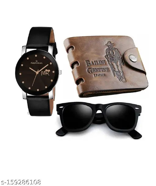 Black PU Watch, Sunglass & Wallet Combo with 2 compartments, perfect accessory for everyday use