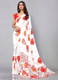 Georgette saree with red and orange floral design, lightweight material, suitable for festive occasions