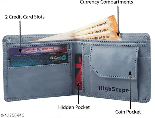 Faux leather men's wallet, high-quality and trendy, features 5 card slots, coin pocket, ID window, and 2 currency compartments. CasualTrendy Men Wallets, made in India