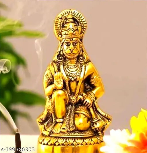 Golden Hanuman ji sitting metal idol, traditional Indian decorative showpiece, Hindu deity figurine for home or office decor