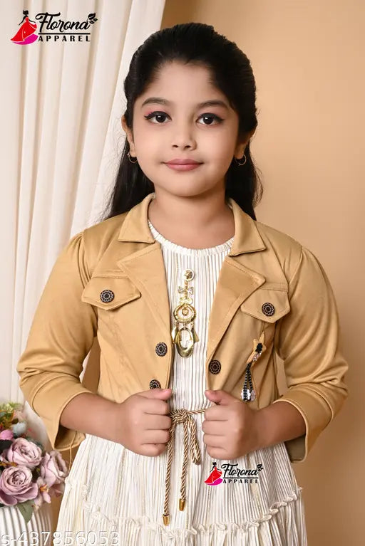 Brown jacket, white blouse with buttons, posing child in dress
