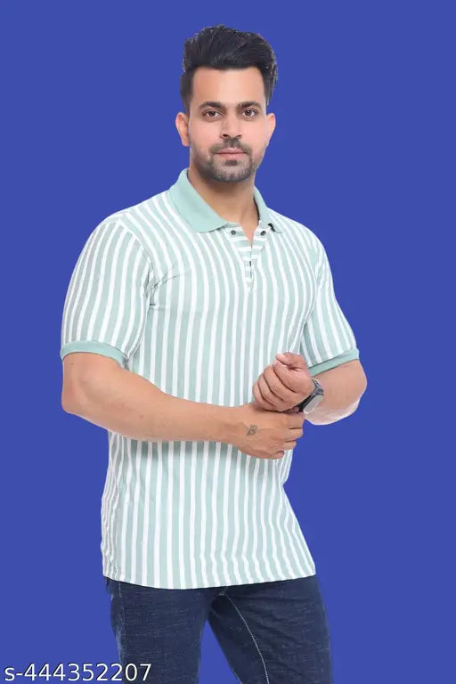 Mens striped lycra polo neck regular fit t-shirt, cotton blend - India, sizes M, L, XL, XXL