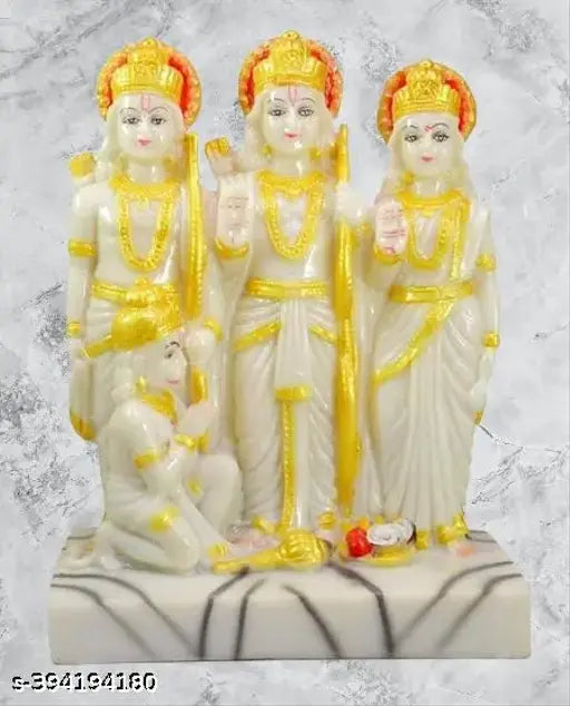 White gold poly resin Ram Darbar idol set of 4 featuring Ram, Sita, Lakshmana, and Hanuman for home or office decoration
