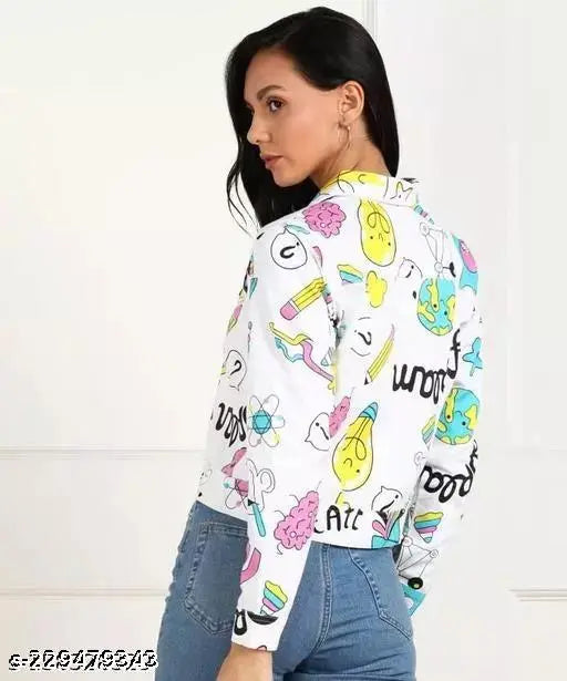 Multicolor cotton blend designer denim jacket for women, imported and printed with a net pattern. Perfect for every occasion, pairs well with jeans