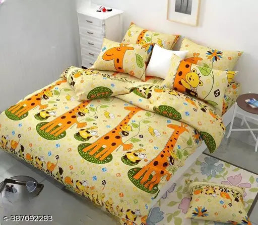 Soft, anti-bacterial cotton animal printed double bed sheets, cozy for summer use. Two matching pillow covers included." (104 characters)