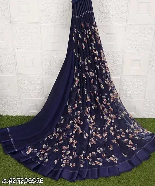 Moss satin and silver border chiffon saree, free size for Indian party wear, originated in India