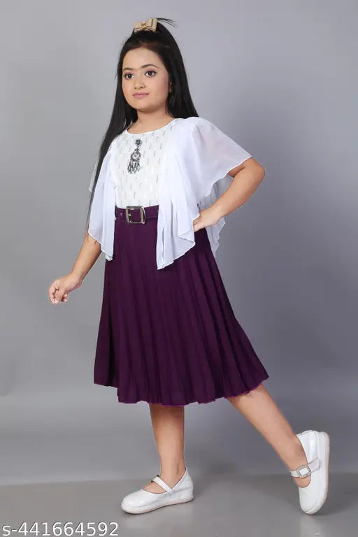 Trendy pleated chiffon poncho frock with belt for girls' party wear, in magenta color, long-sleeve design, knee-length skirts
