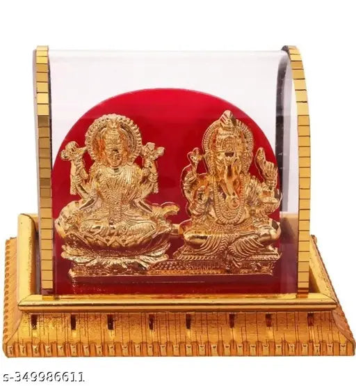 Golden acrylic Hindu god Ganesh & Lakshmi idol for car dashboard or office table, metal material, children's gift, Indian origin (5.5x9x9cm)