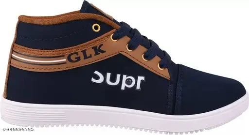 Navy blue kids' high ankle shoe with gold accents and white sole