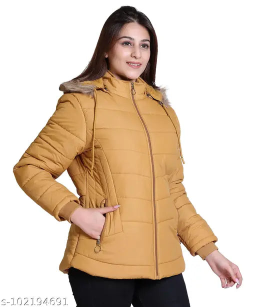 Indian Fort branded nylon winter jacket for women, solid pattern, long sleeves, zip closure, size M (40in bust, 25in length)