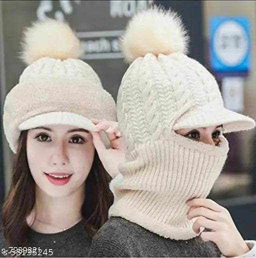 Tan winter soft woollen beanie hat with visor for women, trendy winter cap fashion style