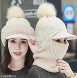 Tan winter soft woollen beanie hat with visor for women, trendy winter cap fashion style