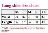 Long skirt size chart with printed maroon skirts