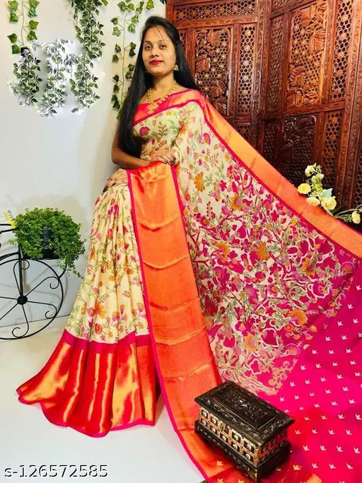Stylish chiffon saree with broad Zari floral print, free size (India)