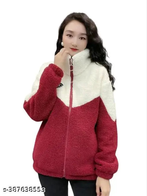 Colorblocked wool long sleeve sweater M Red Dual LC on mannequin