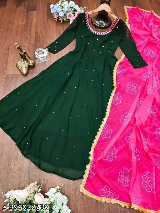 Embroidered green Georgette long-sleeve dress, Mahi Green -01, Indian ethnicwear for women