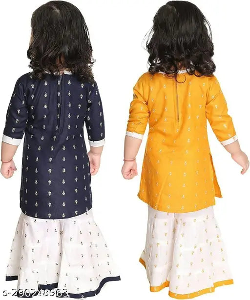 Printed rayon baby girls Kura & Palazzo set combo for casual - knee length A-line kurta with three-quarter sleeves, palazzos. Available in various sizes: 0-3M, 0-6M, 3-6M, 6-9M, 6-12M, 9-12M, 12-18M, 18-24M, 0-1Y, 1-2Y, 2-3Y. Origin: India (nextlevelfashion)