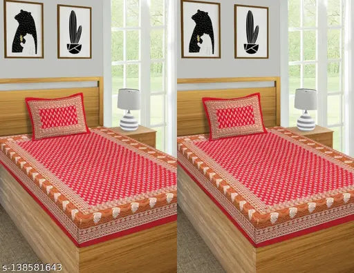 Cotton Jaipur single bedsheets combo pack, 2 bedsheets & 2 pillow covers featuring ethnic motifs. Ideal for summer." (107 characters)