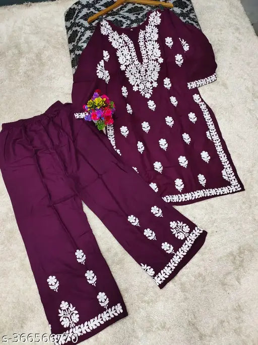 Rayon embroidered Chikankari work ladies' kurti with Palazzo bottomwear, single size available